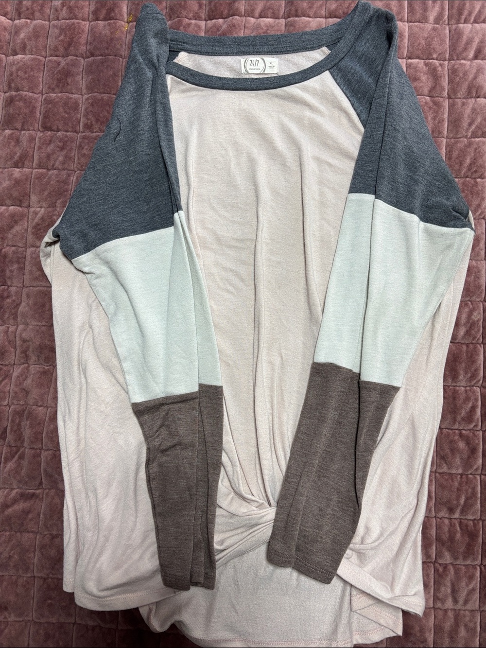 Colorblock Long Sleeve Knit Top - Cream, Light Blue & Charcoal